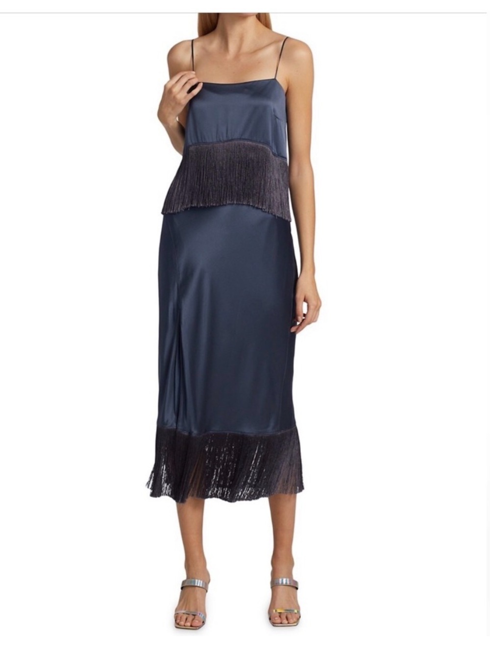 cinq a sept navy fringe slip dress